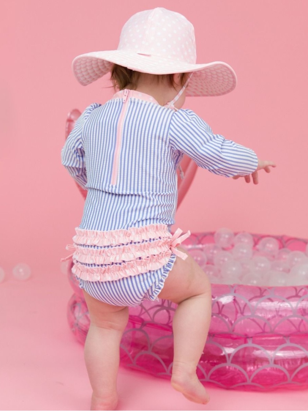 Ruffle Butts-Periwinkle Blue Seersucker Long Sleeve Rash Guard One Piece